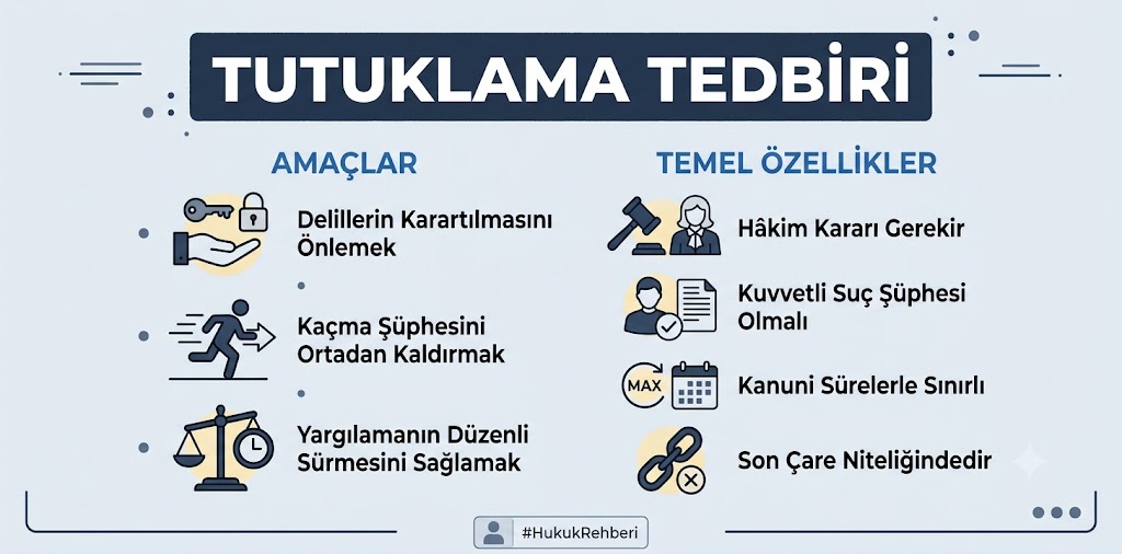 tutuklama tedbiri nedir, tutuklama şartları, tutuklama kararı, tutuklamaya itiraz, tutukluluk süresi, adli kontrol, ceza muhakemesi kanunu, sulh ceza hakimliği, kuvvetli suç şüphesi, katalog suçlar