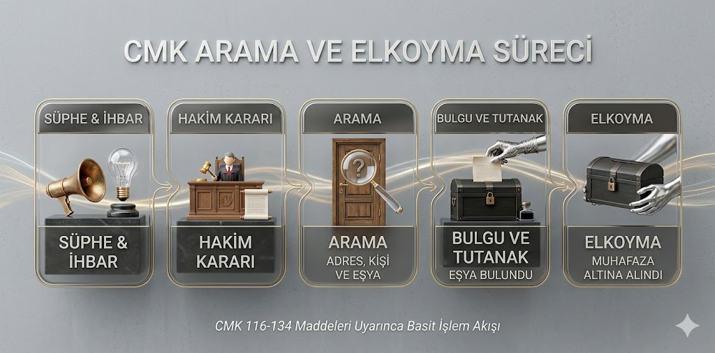 arama ve elkoyma, CMK arama ve elkoyma, arama kararı, elkoyma kararı, hukuka aykırı arama, dijital materyallere elkoyma, ceza muhakemesi kanunu, ceza avukatı, arama şartları, elkoymaya itiraz.