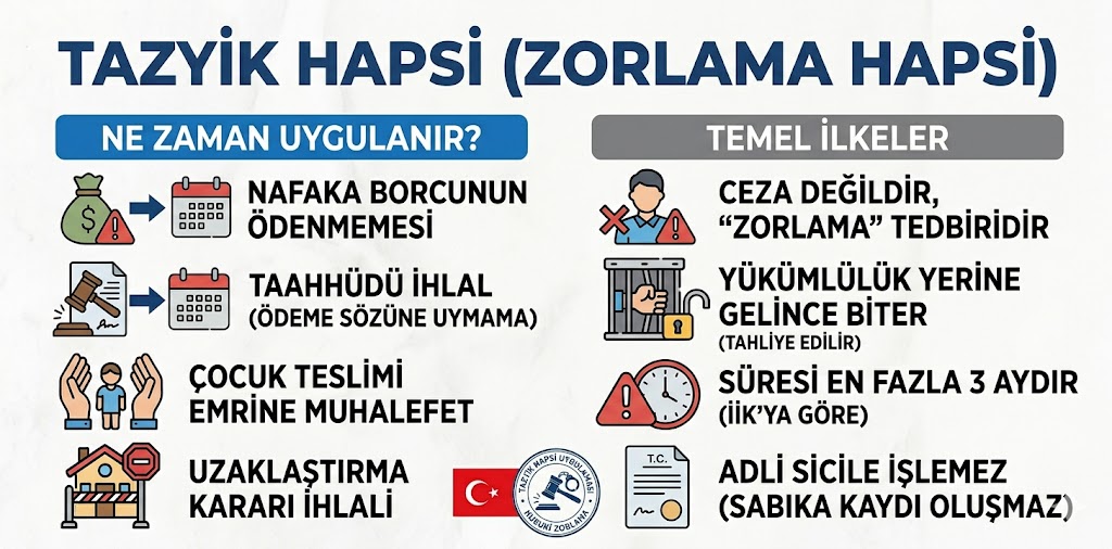 nafaka tazyik hapsi, tazyik hapsi nedir, tazyik hapsi süresi, tazyik hapsine itiraz, icra ceza mahkemesi, nafaka borcu, disiplin hapsi, mal beyanı, icra hukuku, tazyik hapsi şartları.