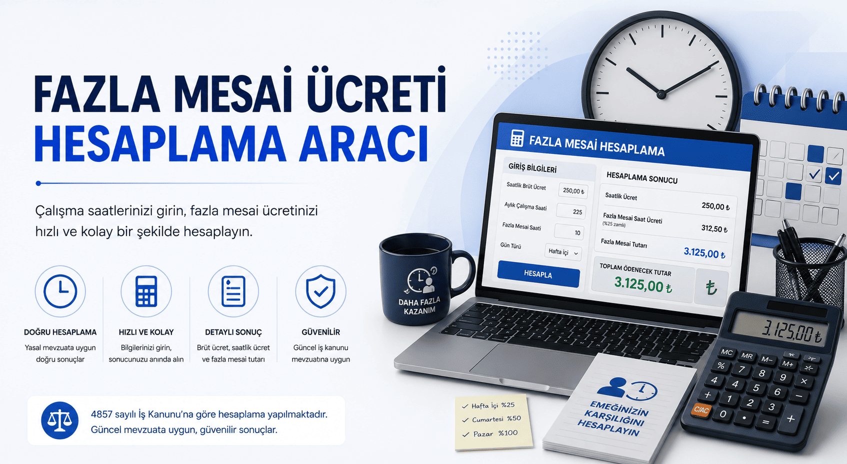 Fazla mesai ücreti hesaplama aracı ile İş Kanunu'na göre %50 zamlı alacağınızı ücretsiz hesaplayın