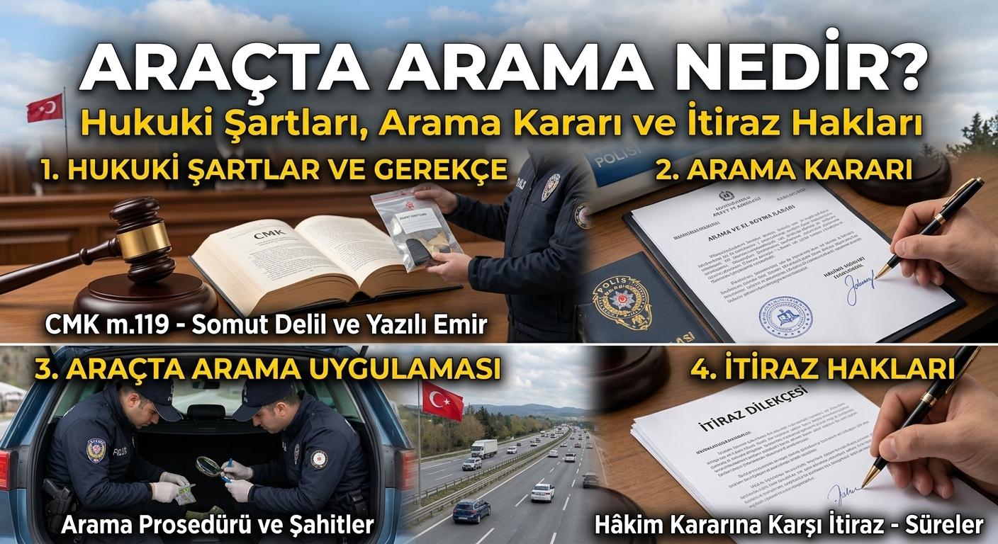 araçta arama şartları, polis araçta arama, araç arama kararı, önleme araması, adli arama, hukuka aykırı arama, arama kararı olmadan araç aranması, CMK 116, CMK 119, hukuka aykırı delil