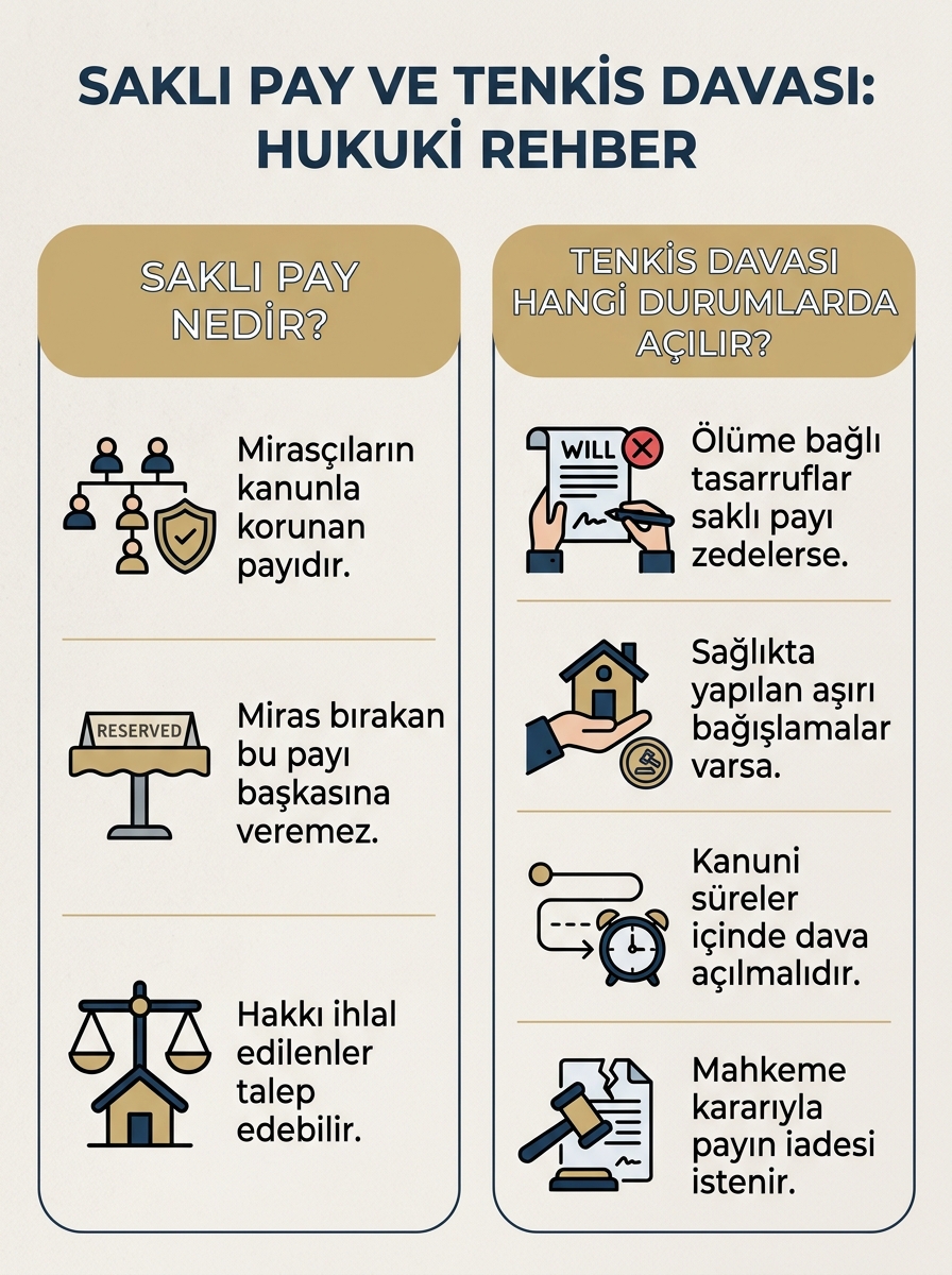 saklı pay nedir, tenkis davası nedir, tenkis davası açma süresi, saklı pay oranları, saklı paylı mirasçılar, mirasta saklı pay ihlali, tenkis davası şartları, tenkis davası hangi mahkemede açılır, miras bırakan mal varlığını istediği kişiye bırakabilir mi, mirasta tenkis hesaplama